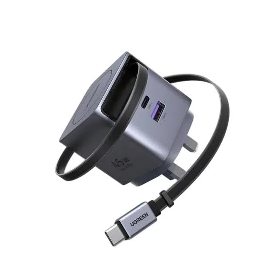 UGREEN 45W GaN سريع شاحن مع قابل للسحب كابل (2-منفذ) (رمادي فلكي)