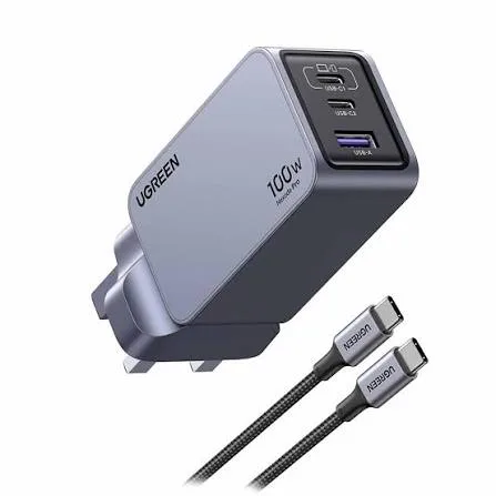 UGREEN Nexode Pro 100W 3-منفذ GaN سريع شاحن طقم+USB CC كابل UK25875 أسود