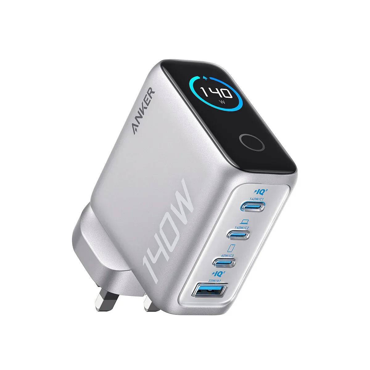 شاحن أنكر (140 واط، 4 منافذ، PD 3.1) مع كابل USB-C – فضي –
